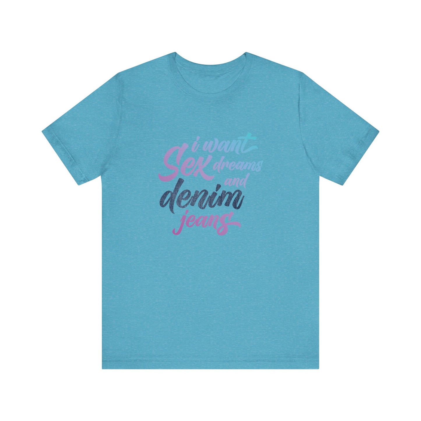Blue t-shirt with colorful text on a white background