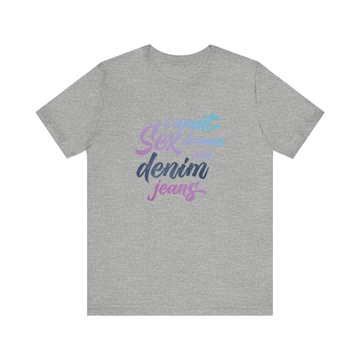 Gray t-shirt with colorful text design on a white background