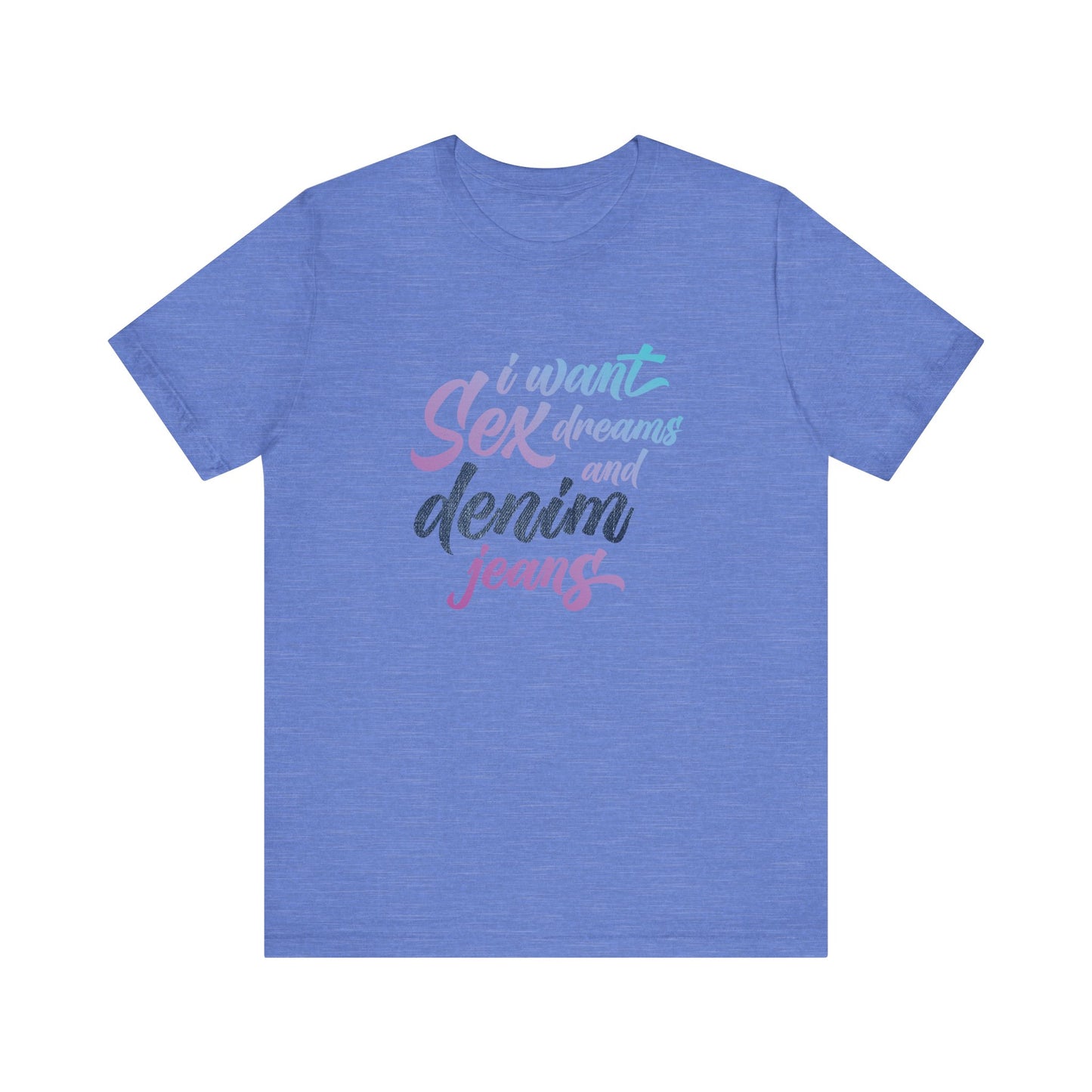 Blue t-shirt with colorful text on a white background