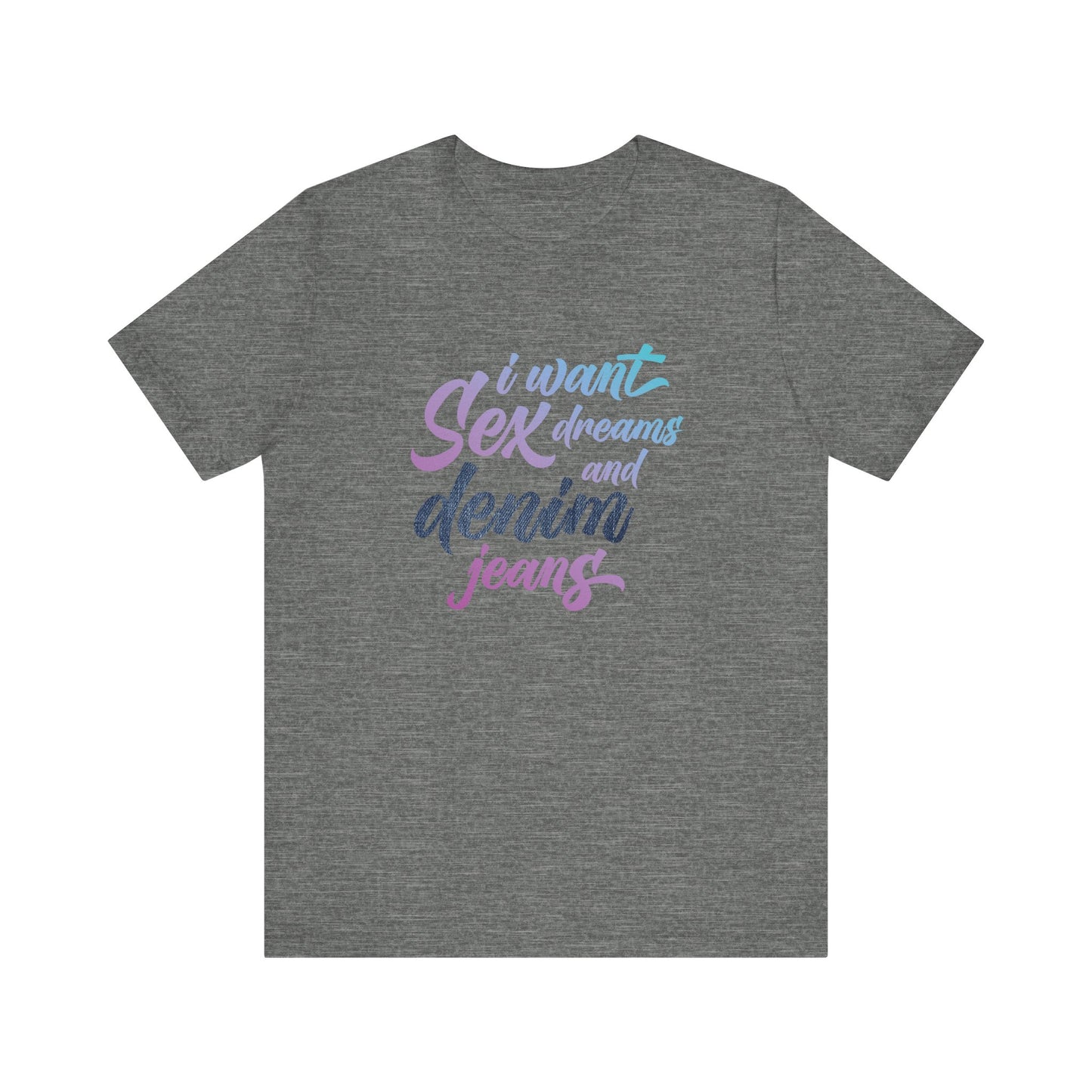 Gray t-shirt with colorful text design on a white background