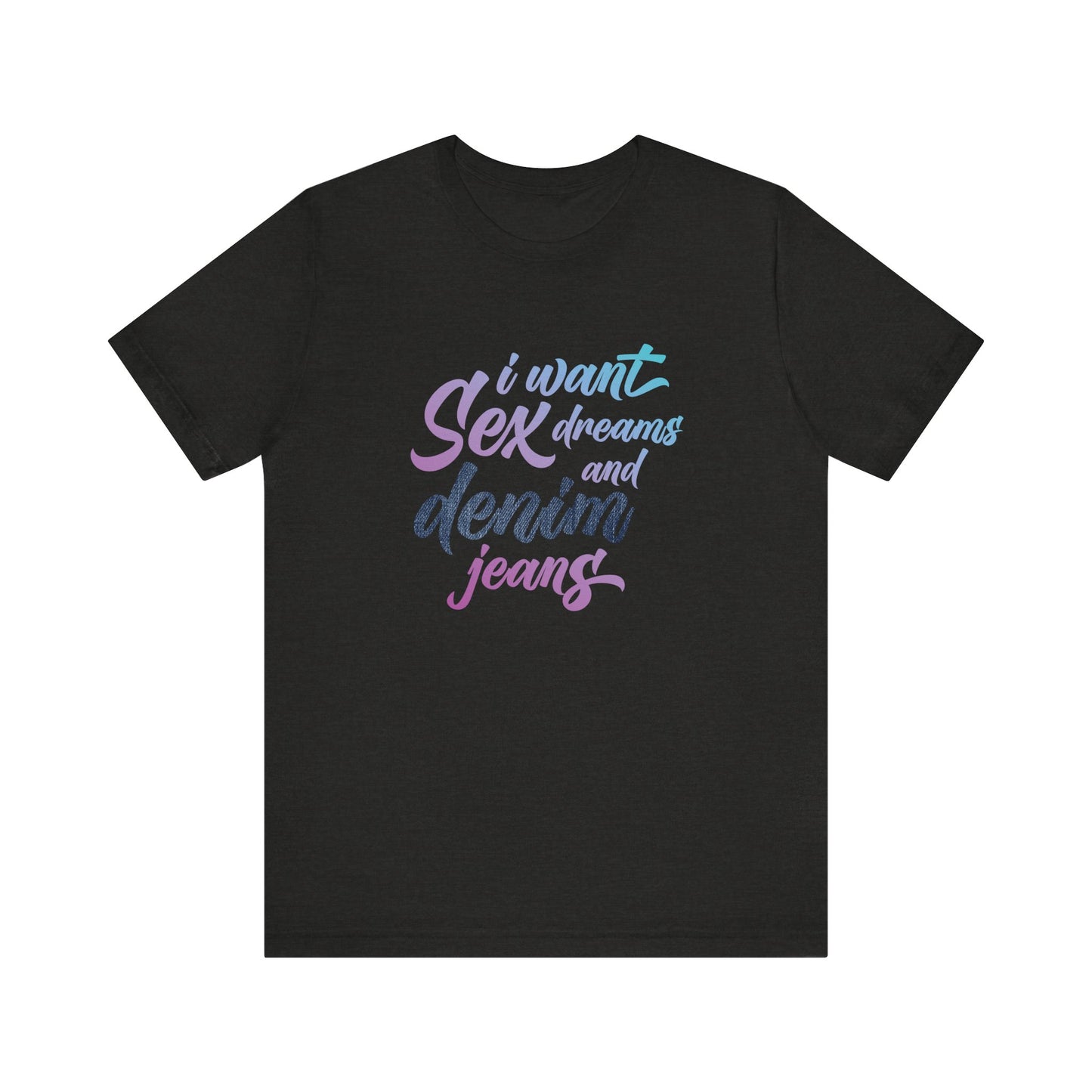 Black t-shirt with colorful text design on a white background
