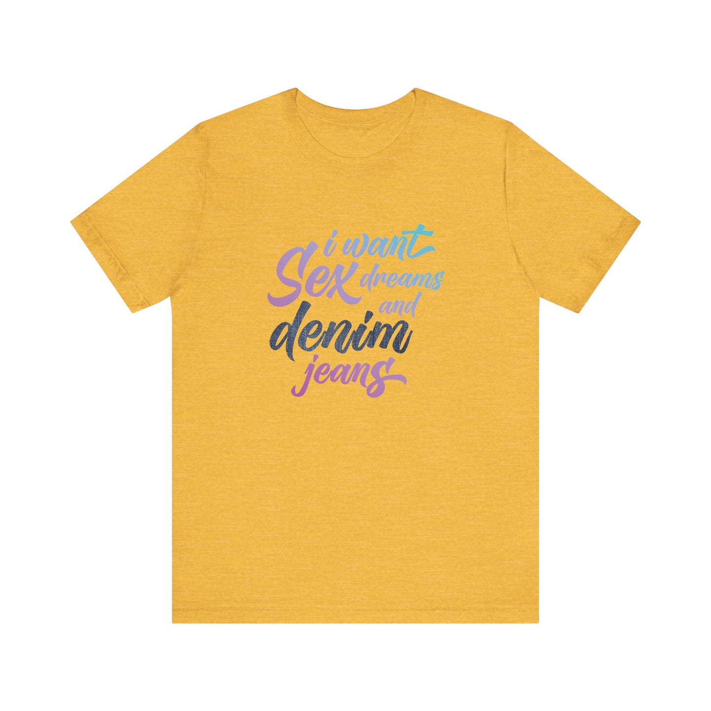 Yellow t-shirt with colorful text on a white background