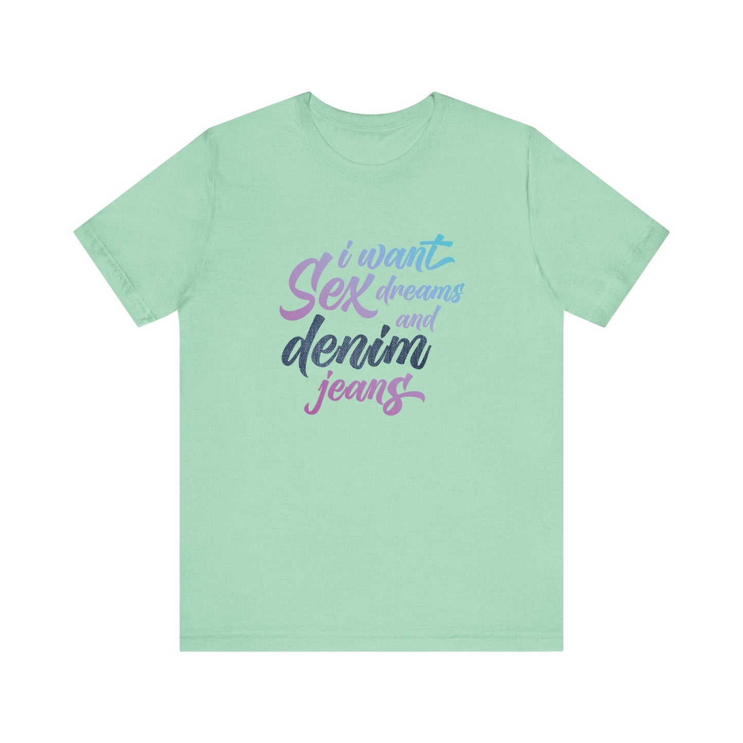 Light green t-shirt with colorful text design on a white background