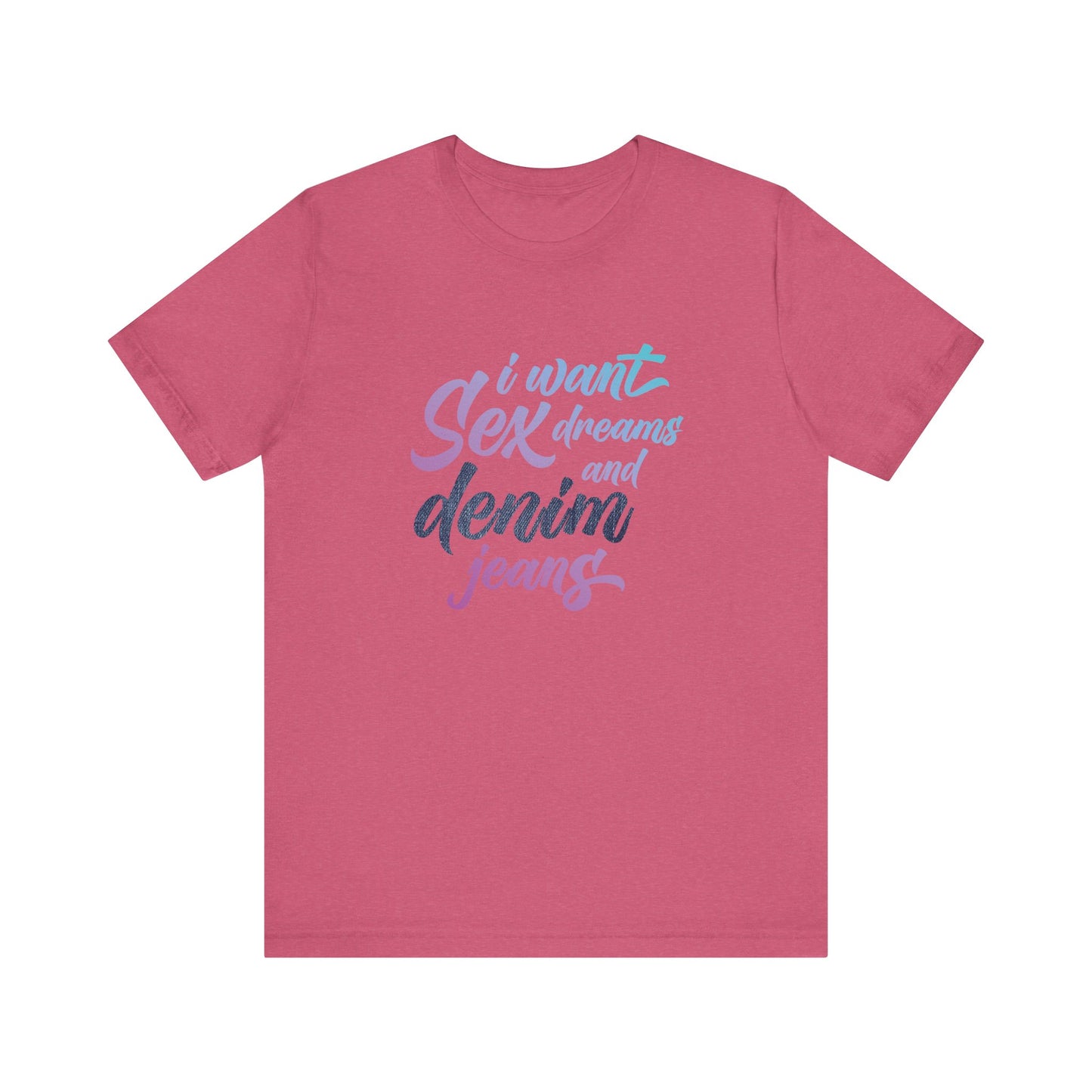 Pink t-shirt with blue and white text on a white background