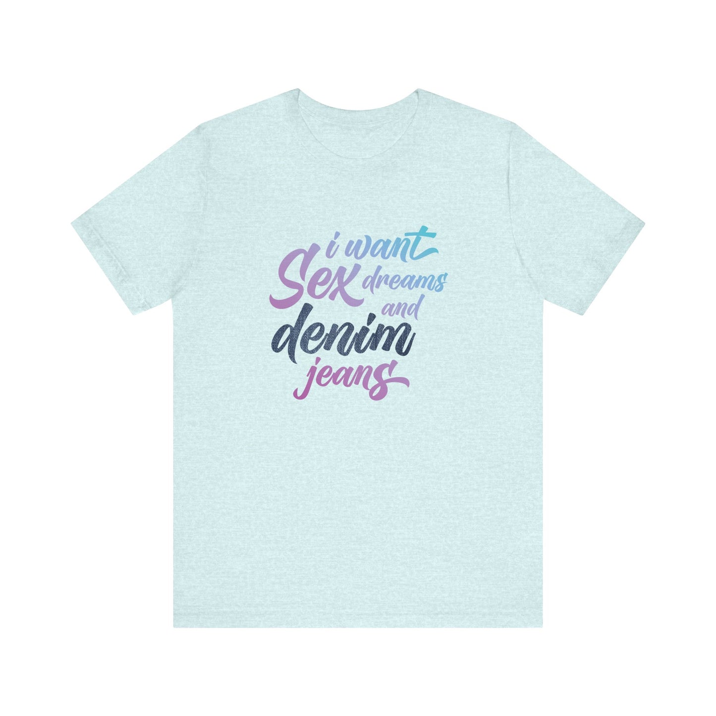 Light blue t-shirt with colorful text on a white background